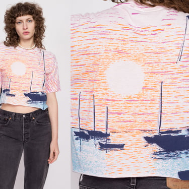 Large 90s Sailboat Sunset All Over Print Cropped T Shirt | Vintage Ocean Graphic Crop Top Oversize Streetwear Tee 