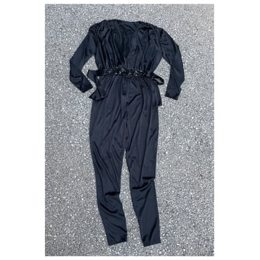 DISCO FEVER costume, ‘80s jumpsuit | black romper with sequin waistband, harem onesie, S/M 