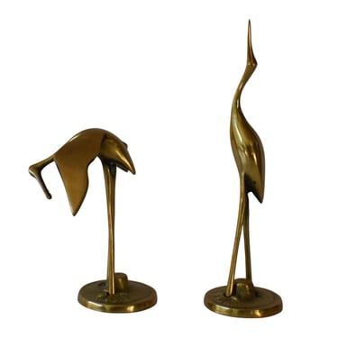 Vintage 80s Pair of Brass Cranes - Made in Korea, Water Birds Figurines, 8 Inches Tall and 4 Inches Tall 