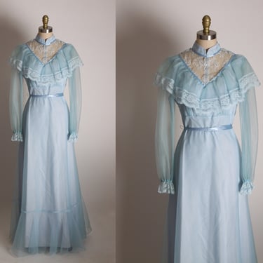 1970s Light Powder Blue Sheer Bodice Long Sleeve Button Up Frilly Ruffle Shoulders Full Length Ruffle Hem Cottagecore Prairie Dress -S 