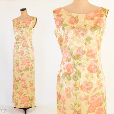 1960s Floral Print Evening Dress | 60s Yellow Brocade Maxi Dress | Medium 