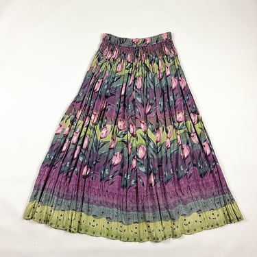1990s Pastel Tulip Stripe Pleated Rayon Maxi Skirt / Medium / Elastic Waist / Drawstring / India / Grunge / Floral / Lightweight / Fluttery 