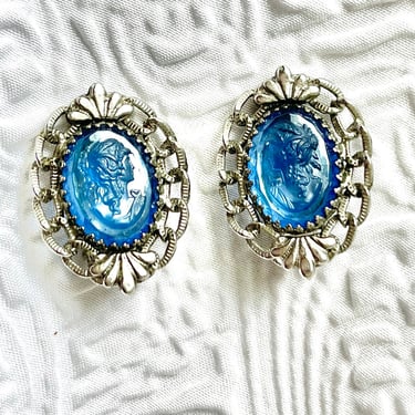 Blue Glass Cameo Earrings, Whiting and Davis, Beautiful Carved 3-D, Intaglio Cameo, Beveled, Ornate Setting, Vintage Jewelry 
