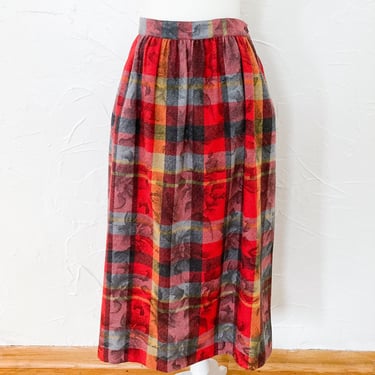 70s Plaid Silkscreened Floral Skirt Red Gray Yellow Black | 27" Waist 