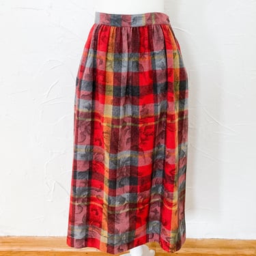 70s Plaid Silkscreened Floral Skirt Red Gray Yellow Black | 27