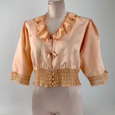 Vintage Cropped Bed Jacket - Peach Silk Satin - Silk Chiffon Detailed Trim - Tiny Shell Buttons & Ribbon Flowers - Size Small to Medium 