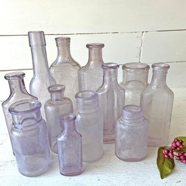 Antique, Sun Colored Amethyst, Purple Manganese Glass, Set Of 12 Bottles/Jars. Pre 1915. // Bottle Collector // Perfect Gift 