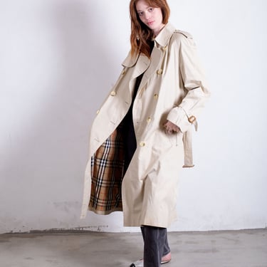 BURBERRY Vintage Classic Taupe + Nova Check Lined Structured Trench Coat with Belt Lined Haymarket Burberry's Plaid 90s Horse Check 