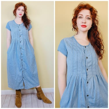 1990s Vintage Liz Claiborne Blue Railroad Stripe Dress / 90s Denim Western Button Midi Jean Dress / Medium - Large 