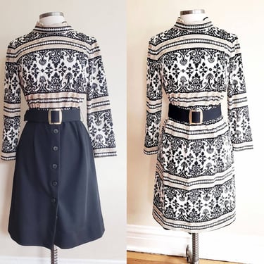 1960s Dress Long Sleeved Graphic Print Black Brown White Two In One w/Changeable Skirt Adjustable Belt Baroque Floral Pattern / M /Agnisha 