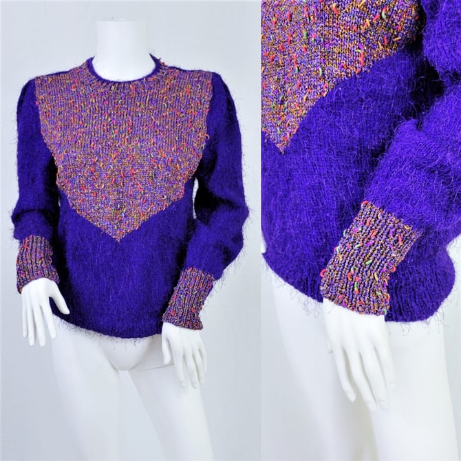 1980's Eyelash Yarn Shaggy Hand Made Pull Over Purple Sweater I Textile Art I Sz Med 