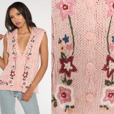 Floral Knit Vest 90s Baby Pink Sweater Vest Top Embroidered Flower Button up Shirt Retro Sleeveless Pastel Vintage 1990s Cotton Ramie XL 