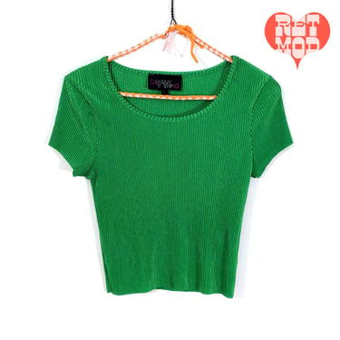 Fun Vintage 90s Y2K Emerald Green Ribbed Scoop Neck Top 