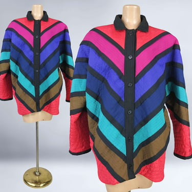 VINTAGE 80s Marguerite Rubel Rainbow Chevron Striped Jacket Size 16 | 1980s Lightweight Patchwork Quilted Coat Plus Volup | vfg 