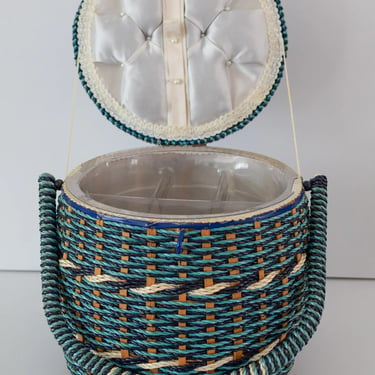 Vintage Blue Sewing Basket. Blue Woven Handled Basket. 1970s Basket with Tray Insert. 
