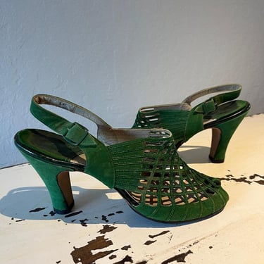 Art Deco Colours - Vintage 1930s Shamrock Green Nubuck Leather Heels Pumps Shoes - 8M 
