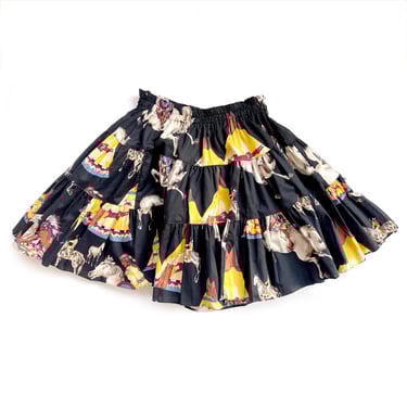 Alexander Henry Broomstick Skirt, Western Native American Theme Print, Teepees, Horses, Tiered Circle Skirt, Cowgirl Style 