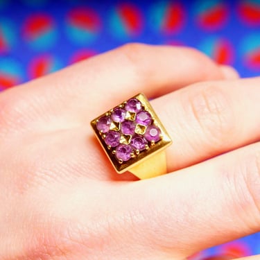 Vintage Hallmarked Solid 14K Gold Square Top Amethyst Cluster Ring, 9-Stone Amethyst Ring, German 585 Yellow Gold Ring, Modernist, Size 8 US 