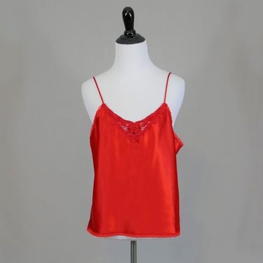 80s Bright Red Camisole - Lace Trim - Satin Finish - Cami Blouse Slip - Body Chic - Vintage 1980s - Size M 