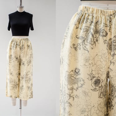 floral linen pants | 90s y2k vintage light pastel yellow black toile floral cute cottagecore cropped wide leg pants 