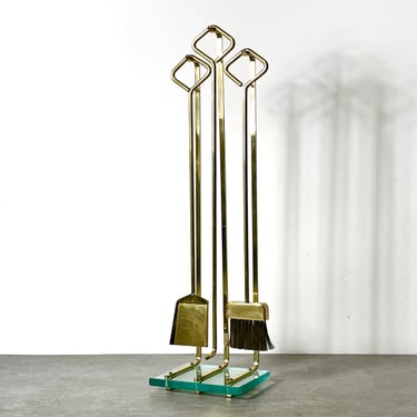 Vintage Italian Modern Brass Glass Fireplace Tools Fontana Arte Style 1970s Mid Century 