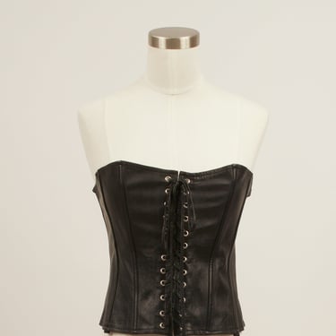 90s Black leather bustier corset