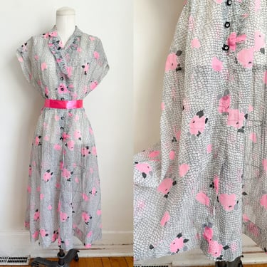 Vintage 1940s Sheer Hot Pink Floral Dress / XS 
