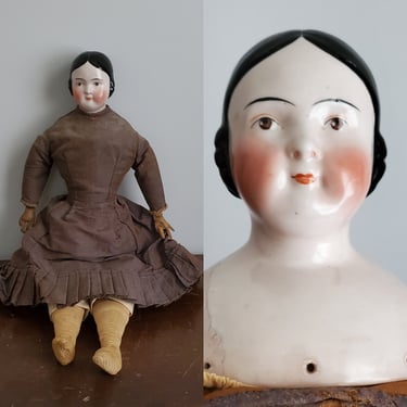 Antique China Head Doll with Covered Wagon Hairstyle - 23" Tall- with Visible Part - Antique German Dolls - Collectible Dolls 