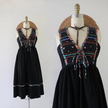 70s quilted velour dress - xs - vintage 60s 70s black boho hippie midi tie festival sleeveless extra small dress 