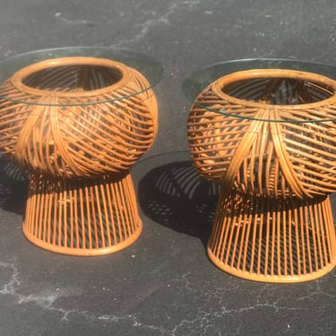 Great pair of basket weave bent bamboo tables / plant holders with removable glass tops 