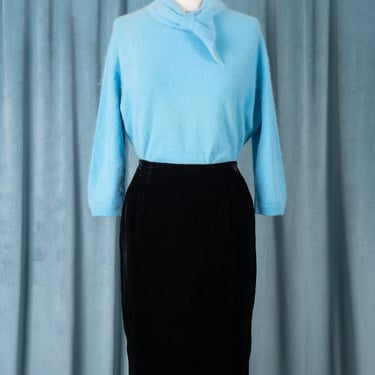 Gorgeous Vintage 1950s Pale Turquoise French Angora Sweater with Collar Knot Detail 