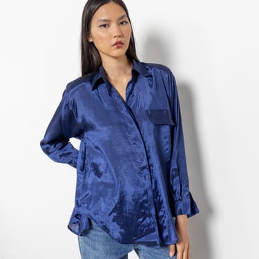 BLUE METALLIC BLOUSE Long Sleeves Collared Vintage Baggy Cuffed Button Up / Small Medium 