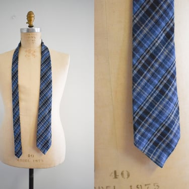 1980s Sears Blue Wool Plaid Necktie 