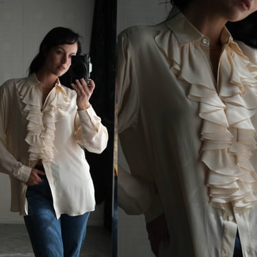Vintage 80s Saks Fifth Ave. Ruffled Cream Silk Long Sleeve Button Up Blouse | 100% Silk | Secretary, Bohemian | 1980s Designer Silk Shirt 