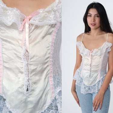 White Satin Camisole 80s Lace Bustier Cami Lingerie Tank Top Pink Ribbon Scalloped Spaghetti Strap Romantic Vintage 1980s Button Up Medium 