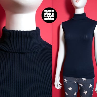 Chic Vintage 60s 70s Dark Navy Blue Ribbed Sleeveless Turtleneck Top 