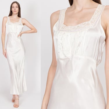 Medium 1940s White Liquid Satin Maxi Nightgown | Vintage 40s Bias Cut Lace Trim Slinky Slip Dress 