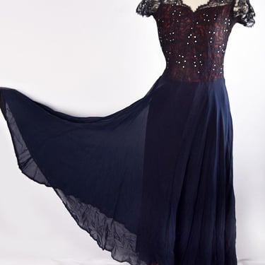 1940's Blue Lace Long Evening Gown Rhinestones 1930's Art Deco vintage Dress antique 