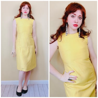 1960s Vintage Rachele Yellow Raw Silk Dress / 60s / Sixties Wiggle / Shift Lemon Dress / Size Small 