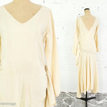 1920s Ivory Silk Wedding Dress | 20s Creme Silk Evening Dress | X Small 