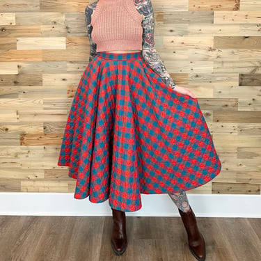 60's Vintage Plaid Quilt Charm of Hollywood Quilted Full Circle Swing Midi Skirt / Size 25 26 