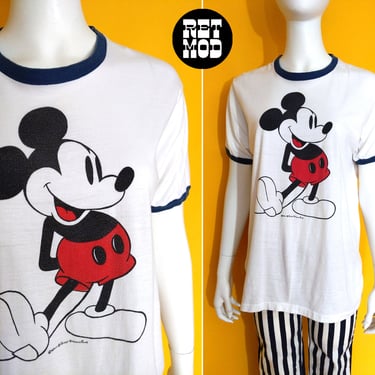 Vintage 70s 80s Mickey Mouse White Blue Ringer T-Shirt 