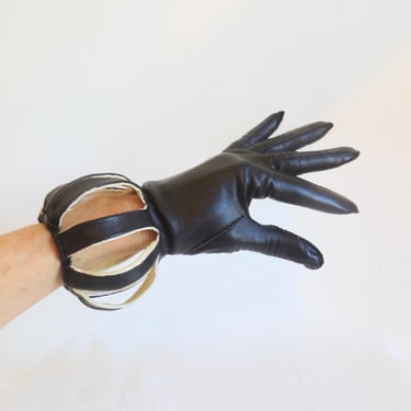 1950's Black and White Leather Cage Style Gloves Freddy of Paris Style 50's Fall Winter Gloves Elegant Formal Size 6 X-Small/Small 