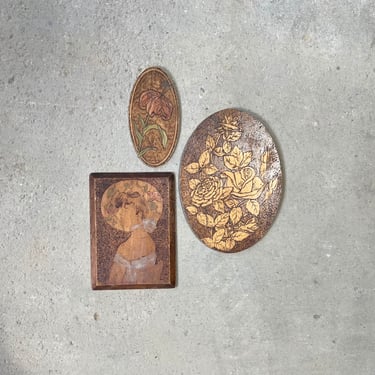 Antique Set of 3 Wood Pyrography Art Pieces 