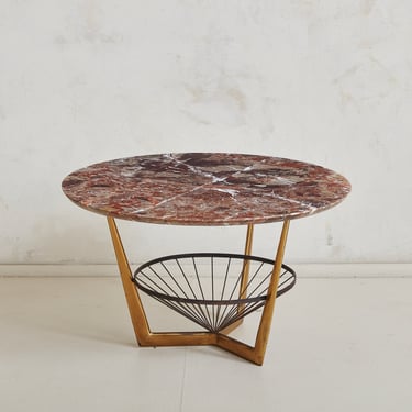 Red Breccia Marble Coffee Table with Brass Base, Italy 1970s