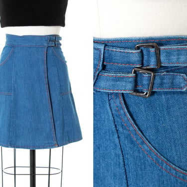 Vintage 1970s Wrap Skirt | 70s Denim Blue Cotton Buckled High Waisted A-Line Boho Mini Skirt with Pockets (small) 