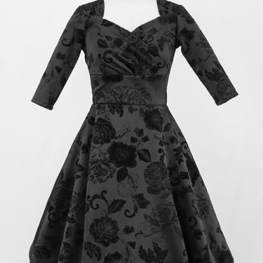 Black Roses 1940s Vintage Inspired Circle Dress w/ Pockets 