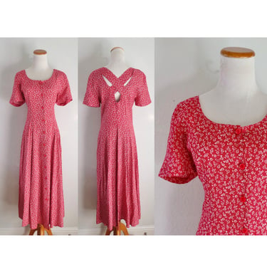 90s Maxi Dress - Vintage Red Floral Rayon Dress - Criss Cross Back Cut Out - Size Medium - Rampage 