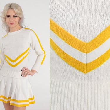 80s Cheerleader Uniform Vintage Cheer Matching Set White Yellow Striped Pleated Mini Skirt Sweater Top Retro 2 Piece Outfit Vintage 1980s XS 