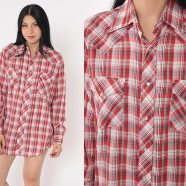 70s Plaid Western Red White Pearl Snap Shirt Button Up Rodeo Shirt Cowboy Long Sleeve Checkered Retro Vintage 1970s Men's Medium 15 - 15 1/2 